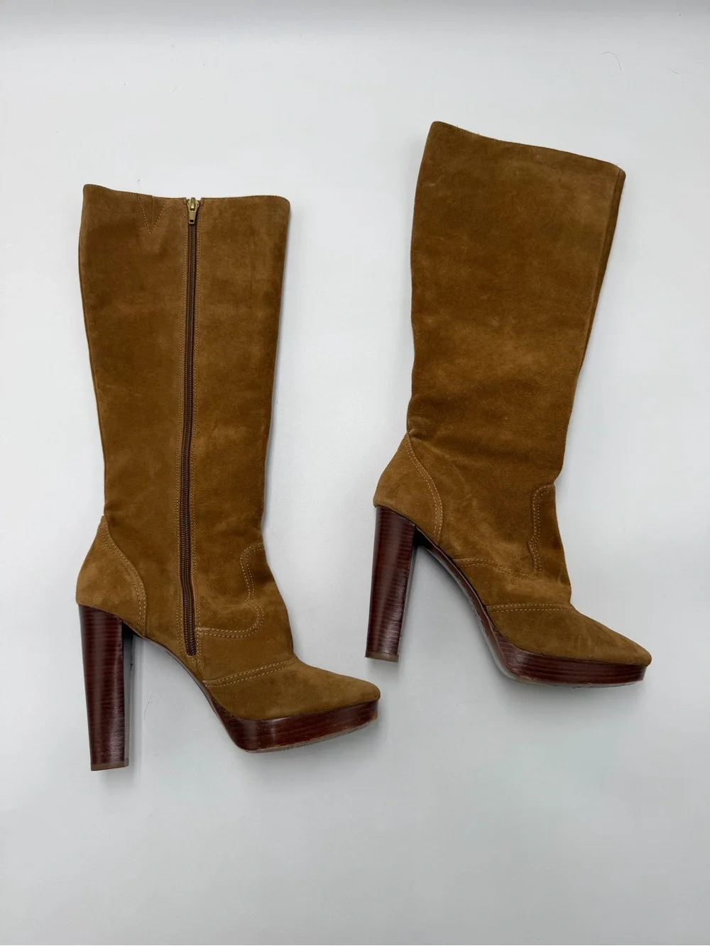 Vintage Michael Kors Suede Knee High Boots Tan Leather Platform Heels 7.5 M